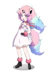  1girl 9-san absurdres animal_ears black_eyes black_footwear black_gloves blue_hair boots commentary dress dress_lift full_body galarian_form galarian_ponyta gen_8_pokemon gloves highres horn horse_ears horse_tail long_hair multicolored_hair open_mouth personification pink_hair pokemon ponyta short_dress simple_background smile solo sundress tail two-tone_hair white_background white_dress 