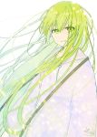  1other androgynous bangs enkidu_(fate/strange_fake) eyebrows_visible_through_hair fate/strange_fake fate_(series) green_eyes green_hair hair_between_eyes highres hood hood_down hooded_robe long_hair looking_at_viewer parted_lips robe signature simple_background sofra solo upper_body very_long_hair white_background white_robe 