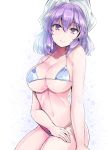  1girl bare_arms bare_shoulders bikini blue_bikini breasts collarbone commentary_request cowboy_shot eyebrows_visible_through_hair hair_between_eyes halterneck hand_on_own_thigh hat head_tilt highres large_breasts letty_whiterock looking_at_viewer micro_bikini navel pink_lips purple_eyes purple_hair short_hair sidelocks sitting solo star starry_background stomach swimsuit thighs touhou white_background white_headwear y2 