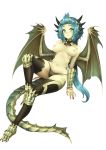  1girl aqua_hair barbariank black_legwear black_nails black_panties breasts breasts_apart bronze_dragon_(d&amp;d) dragon_girl dragon_tail dragon_wings dungeons_and_dragons fingernails forehead full_body green_eyes heart highres horns light_smile long_hair looking_at_viewer low_ponytail medium_breasts monster_girl multiple_horns navel nipples panties personification ponytail scales sharp_fingernails slit_pupils solo tail thighhighs topless transparent_background underwear very_long_hair wings yellow_skin 