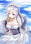  1girl :o apron azur_lane bangs bare_shoulders belfast_(azur_lane) black_choker black_gloves blue_eyes blue_sky braid breasts chain choker cleavage cloud collarbone commentary_request day doughnut dress elbow_gloves eyebrows_visible_through_hair food frilled_apron frilled_dress frilled_gloves frills gloves hands_up highres holding holding_food large_breasts long_hair maid_headdress mutang outdoors parted_lips silver_hair sky solo very_long_hair white_apron 