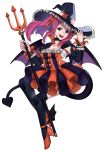  1girl absurdres black_legwear blue_eyes choker commission cosplay demon_tail demon_wings ebinku elizabeth_bathory_(halloween_caster)_(fate) elizabeth_bathory_(halloween_caster)_(fate)_(cosplay) fate/grand_order fate_(series) felicia_(fire_emblem) fire_emblem fire_emblem_fates full_body halloween_costume hat high_heels highres holding long_hair long_sleeves open_mouth pink_hair polearm simple_background solo tail thighhighs trident weapon white_background wings witch_hat 