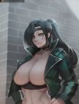  1girl bangs black_collar black_hair black_jacket breasts cleavage collar commentary commission gray_bear hairband huge_breasts jacket large_breasts long_hair long_sleeves open_clothes open_jacket original smile solo yellow_eyes 