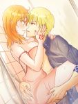  1boy 1girl arm_around_neck blonde_hair blue_shirt breast_press breasts brown_eyes cleavage collared_shirt couple dress dress_shirt dutch_angle eye_contact fate/grand_order fate_(series) from_side fujimaru_ritsuka_(female) gilgamesh hetero imminent_kiss indoors leg_lift long_hair looking_at_another medium_breasts nail_polish off_shoulder open_clothes open_shirt red_eyes red_nails riako shirt short_dress showering sleeveless sleeveless_dress wing_collar 
