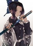  1girl absurdres bangs belt belt_buckle black_hair black_jacket black_pants buckle butterfly_hair_ornament closed_mouth commentary forehead gradient_hair hair_ornament highres holding holding_sheath holding_sword holding_weapon jacket katana kimetsu_no_yaiba kochou_shinobu long_sleeves looking_at_viewer multicolored_hair norazura open_clothes pants parted_bangs purple_eyes purple_hair sheath sidelocks simple_background solo sword translation_request unsheathing upper_body weapon white_background white_belt wide_sleeves 