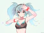  1girl arm_up armpits black_hairband blue_eyes blue_hair blue_nails bracelet breasts cleavage closed_mouth collarbone crop_top eyebrows_visible_through_hair floating_hair grey_background hair_between_eyes hairband hatsune_miku headphones headset jewelry long_hair looking_at_viewer medium_breasts microphone nail_polish sandeul simple_background sketch smile solo twintails upper_body very_long_hair vocaloid 