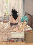  1boy 1girl aqua_hair arm_support ass babydoll bed bedroom black_hair blue_hair book_stack breasts brown_eyes couple curtains eyewear_removed fairy_tail gajeel_redfox glasses grey_panties hetero hickey highres indoors levy_mcgarden long_hair looking_away messy_hair nightstand off_shoulder on_bed one_eye_closed open_mouth panties pillow plant potted_plant reclining red-framed_eyewear rubbing_eyes rusky scratches scratching scratching_ass see-through shiny shiny_hair shorts shoulder_tattoo sitting slippers_removed small_breasts spiked_hair strap_slip string_panties tattoo thighs toned toned_male underwear underwear_only waking_up window 
