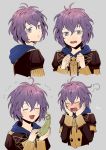  1girl akke bernadetta_von_varley blush closed_eyes epaulettes fire_emblem fire_emblem:_three_houses from_side garreg_mach_monastery_uniform grey_background grey_eyes hood hood_down long_sleeves looking_to_the_side multiple_views open_mouth parted_lips pitcher_plant plant purple_hair short_hair simple_background tearing_up uniform wavy_mouth 