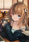  1girl absurdres bakery bangs bare_shoulders basket blue_eyes blue_jacket blue_shirt brown_hair cake closed_mouth collarbone commentary_request cookie cup eyebrows_visible_through_hair food fur-trimmed_jacket fur_trim girls_frontline heterochromia highres holding holding_cup hot_chocolate indoors jacket looking_at_viewer marshmallow mk23_(girls_frontline) mug multicolored_hair off-shoulder_jacket one_side_up penguin_hair_ornament red_eyes red_nails shirt shop sleeveless sleeveless_shirt sleeves_past_wrists solo spaghetti_strap streaked_hair suangyue_qiuhua upper_body 