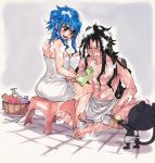  1boy 1girl :d barefoot black_hair blue_hair blush brown_eyes chin_piercing closed_mouth eyebrow_piercing fairy_tail gajeel_redfox grey_background hand_in_another&#039;s_hair highres levy_mcgarden long_hair naked_towel nose_piercing open_mouth panther piercing red_eyes rusky sitting smile towel very_long_hair white_towel 