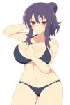  1girl bikini breasts highres ichiryuu_tsumiki large_breasts navy_blue_bikini ponytail purple_hair red_eyes senran_kagura sidelocks smile suzune_(senran_kagura) swimsuit thighs white_background 