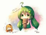  2girls :&lt; :d ahoge azu_torako bangs banned_artist bare_arms bare_shoulders barefoot black_bow blush bow chibi closed_eyes closed_mouth dress flying_sweatdrops green_dress green_eyes green_hair green_shirt hair_between_eyes hair_bow hair_ornament holding holding_stuffed_animal multiple_girls open_mouth orange_hair original shirt sleeveless sleeveless_dress smile solo_focus standing stuffed_animal stuffed_toy teddy_bear translation_request twintails 