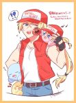  !? artist_name baseball_cap blonde_hair blue_eyes cheek_poking clone copy_ability cosplay crossover drooling fatal_fury fingerless_gloves gloves hat kirby kirby_(series) long_hair male_focus maxim_tomato musical_note neko_pokosuke poking ponytail sleeping spoken_interrobang spoken_musical_note super_smash_bros. terry_bogard terry_bogard_(cosplay) the_king_of_fighters tomato translation_request vest 