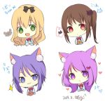  4girls :&gt; :3 :d animal_ear_fluff animal_ears azu_torako bangs banned_artist blonde_hair blue_shirt bow brown_hair cat_ears cat_hair_ornament chibi closed_mouth collared_shirt cropped_torso dated eyebrows_visible_through_hair green_eyes hair_between_eyes hair_ornament heart holding multiple_girls open_mouth original purple_eyes purple_hair red_bow red_eyes shirt signature simple_background smile sparkle spoken_animal spoken_heart translation_request upper_body v-shaped_eyebrows white_background 