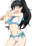  1girl ;d armpits bikini black_hair blush breasts earrings fang ganaha_hibiki heart highres idolmaster idolmaster_(classic) jewelry long_hair looking_at_viewer navel one_eye_closed open_mouth sailor_swimsuit_(idolmaster) simple_background smile solo stretched_limb swimsuit tsurui white_background white_bikini 