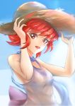  1girl :d back_bow bangs bow collarbone deekei dress eyebrows_visible_through_hair fire_emblem fire_emblem_fates hat highres hinoka_(fire_emblem) looking_at_viewer open_mouth purple_bow red_eyes red_hair shiny shiny_hair short_hair sleeveless sleeveless_dress smile solo straw_hat sun_hat sundress upper_body white_dress 