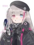  1girl absurdres bangs beret black_clothes black_headwear blue_eyes coat eyebrows_visible_through_hair eyes_visible_through_hair girls_frontline gloves grey_gloves grey_hair hair_between_eyes hat heterochromia highres jacket kunnika4203 long_hair looking_at_viewer mdr_(girls_frontline) multicolored_hair open_mouth pink_eyes pink_hair side_ponytail simple_background smile solo streaked_hair tactical_clothes teeth upper_body white_background 