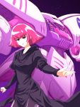  1girl bangs black_dress black_legwear breasts cowboy_shot dress gundam gundam_zz haman_karn highres ishiyumi juliet_sleeves long_sleeves looking_at_viewer looking_away mecha medium_breasts pantyhose parted_lips pink_hair puffy_sleeves purple_eyes qubeley short_hair side_slit smile 