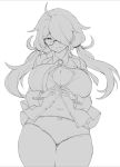  ahoge breasts center_opening cleavage glasses large_breasts long_hair low_twintails messy_hair mole mole_on_breast monochrome navel necktie original panties shirt twintails underwear yamaarashi 