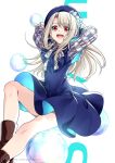  1girl arms_behind_head arms_up bangs beret blue_dress blue_headwear blush boots breasts bubble dress fate/stay_night fate_(series) hat highres illyasviel_von_einzbern long_hair looking_at_viewer open_mouth red_eyes smile solo thighs white_background white_hair yaoshi_jun 
