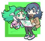  2girls black_legwear blue_eyes blue_hair byleth_(fire_emblem) byleth_(fire_emblem)_(female) computer cosplay doughnut dress fire_emblem fire_emblem:_three_houses food food_in_mouth gen&#039;ei_ibunroku_sharp_fe green_background green_eyes green_hair hair_ornament headphones laptop long_hair long_sleeves medium_hair multiple_girls pirihiba school_uniform shoes simple_background sitting skirt smile sothis_(fire_emblem) thighhighs tiki=waifu tiki=waifu_(cosplay) tiki_(fire_emblem) tiki_(fire_emblem)_(cosplay) twitter_username 