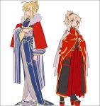  2girls ahoge artoria_pendragon_(all) artoria_pendragon_(lancer) bangs black_legwear blonde_hair blue_kimono braid crossed_arms crown eyebrows_visible_through_hair fate/apocrypha fate/grand_order fate_(series) flying_sweatdrops green_eyes grey_footwear hair_between_eyes hakusai_(tiahszld) high_ponytail japanese_clothes kimono light_brown_hair long_hair long_sleeves looking_away mordred_(fate) mordred_(fate)_(all) mother_and_daughter multiple_girls parted_bangs platform_footwear platform_heels ponytail profile red_footwear red_kimono sidelocks simple_background standing white_background white_legwear wide_sleeves zouri 