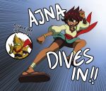  1boy 1girl absurdres ajna_(indivisible) ankle_wrap axe beads bike_shorts bracelet brown_eyes brown_hair dark_skin fizzysenpai flying_kick gloves highres indivisible jewelry kamen_rider kicking naga_rider parody rider_kick sandals short_sleeves shorts single_glove thumbs_up 