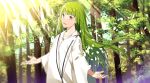  1other :d androgynous commentary_request day enkidu_(fate/strange_fake) fate/strange_fake fate_(series) green_hair long_hair looking_at_viewer open_mouth outstretched_arms sahuyaiya signature smile solo tree white_robe yellow_eyes 
