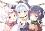  3girls :d :o ;q akane_mimi akane_mimi_(cosplay) animal_ears animal_hat animal_hood bandaged_ear bandaged_hands bandages bangs bell black_capelet black_gloves black_hair black_jacket blue_hair blush bolt bow brown_eyes brown_hair bunny_hat capelet cat_ears cat_hood chimame-tai closed_mouth commentary_request cosplay elbow_gloves eyebrows_visible_through_hair fake_animal_ears fur-trimmed_capelet fur-trimmed_hood fur-trimmed_sleeves fur_trim gloves gochuumon_wa_usagi_desu_ka? green_bow hair_between_eyes hair_ornament hands_up hat hikawa_kyoka hikawa_kyoka_(cosplay) hodaka_misogi hodaka_misogi_(cosplay) hood hooded_capelet jacket jingle_bell jouga_maya kafuu_chino lightning_bolt lightning_bolt_hair_ornament long_hair long_sleeves looking_at_viewer low_twintails multiple_girls natsu_megumi one_eye_closed open_mouth parted_lips pennant pink_capelet princess_connect! princess_connect!_re:dive purple_eyes red_bow simple_background smile string_of_flags tongue tongue_out twintails white_background wide_sleeves x_hair_ornament yellow_bow yuizaki_kazuya 