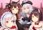  4girls :d absurdres akagi-chan_(azur_lane) animal_ears azur_lane band-width bare_shoulders bed belchan_(azur_lane) belfast_(azur_lane) bell black_hair black_legwear blue_eyes braid brown_hair commentary_request eyeshadow fox_ears fox_tail grin hair_ribbon hat hiei-chan_(azur_lane) highres horns long_hair looking_at_viewer maid_headdress makeup multiple_girls multiple_tails off_shoulder one_side_up open_mouth pantyhose peaked_cap pleated_skirt red_eyes ribbon short_hair silver_hair simple_background single_braid skirt smile tail twintails yellow_eyes zeppelin-chan_(azur_lane) 