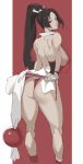  1girl ass back backboob ball breasts brown_eyes brown_hair closed_fan closed_mouth fan fatal_fury folding_fan from_behind ge_l high_ponytail large_breasts long_hair looking_back ninja ponytail red_background revealing_clothes shiranui_mai sideboob the_king_of_fighters thighs 