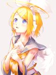  1girl angel_wings arm_tattoo bare_shoulders blonde_hair blue_eyes bow collarbone commentary detached_sleeves fang feathered_wings frill_trim hair_bow hair_ornament hairclip halo hands_on_own_chest headphones headset highres kagamine_rin looking_up mini_wings number_tattoo oyamada_gamata sailor_collar shirt short_hair sleeveless sleeveless_shirt solo star tattoo upper_body vocaloid white_wings wings yellow_nails 