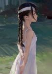  1girl arms_behind_back artist_name black_hair braid cowboy_shot dress fkey headband highres long_hair original purple_eyes signature sleeveless sleeveless_dress solo sundress twin_braids white_dress 