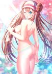  1girl ass bangs blue_eyes blue_sky blurry blurry_background blush breasts brown_hair bush commentary_request day double_bun eyebrows_visible_through_hair from_behind hand_up highres jiaxi_daze light_rays long_hair medium_breasts mei_(pokemon) nipples nude one_eye_closed open_mouth outdoors pink_headwear pokemon pokemon_(game) pokemon_bw2 shiny shiny_hair sky solo standing sunbeam sunlight tied_hair tree twintails very_long_hair visor_cap 