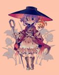  1girl arlmuffin bangs boots bowl bowl_hat brown_footwear closed_mouth flower food fruit full_body hair_over_eyes hat holding holding_food holding_fruit holding_needle japanese_clothes kimono looking_at_viewer needle needle_sword purple_hair smile solo standing sukuna_shinmyoumaru touhou 