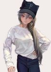  1girl blush breasts earrings fkey grey_hair hair_between_eyes hand_on_hip hat highres jewelry original ponytail red_eyes simple_background sleeves_past_wrists slit_pupils smile solo white_background 
