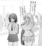  2girls afterimage bag blurry blurry_background breasts collared_shirt greyscale large_breasts long_hair monochrome multiple_girls necktie open_mouth original pleated_skirt ryouma_(galley) school_bag school_uniform shirt short_hair short_sleeves skirt translated 