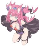  1girl armor bangs bare_shoulders bikini_armor black_choker black_footwear black_sleeves blade_(galaxist) blue_eyes boots choker collarbone commentary_request detached_sleeves dragon_tail elizabeth_bathory_(brave)_(fate) elizabeth_bathory_(fate)_(all) eyebrows_visible_through_hair fang fate/grand_order fate_(series) full_body groin hair_between_eyes hair_ribbon horns knee_boots leotard long_hair long_sleeves looking_at_viewer open_mouth oversized_clothes pink_hair pointy_ears purple_leotard purple_ribbon red_bikini_top ribbon simple_background solo tail tiara two_side_up very_long_hair white_background wide_sleeves 