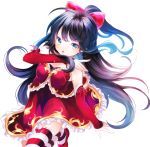  1girl bangs bare_shoulders black_hair blue_eyes blue_hair bow breasts cleavage copyright_request detached_sleeves dress frilled_dress frilled_legwear frills fuyusuke_(hz+) gradient_hair hair_bow high_ponytail highres long_sleeves multicolored_hair ponytail red_bow red_dress red_footwear red_sleeves shoes simple_background sleeves_past_wrists small_breasts solo standing standing_on_one_leg striped striped_legwear white_background 