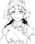  1girl apron bangs haniyasushin_keiki head_scarf highres hiyuu_(flying_bear) jewelry long_hair looking_at_viewer magatama magatama_necklace monochrome necklace open_mouth simple_background smile solo tools touhou wily_beast_and_weakest_creature 