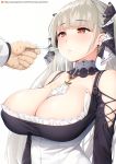  1girl azur_lane bangs bare_shoulders between_breasts black_dress blush breasts cleavage collarbone dress earrings eyebrows_visible_through_hair feeding formidable_(azur_lane) frilled_dress frills grey_hair hair_ribbon heavy_breathing highres jewelry large_breasts long_hair long_sleeves male_hand parted_lips red_eyes ribbon simple_background spoon sweat teeth thore_(nathalukpol) trembling twintails two-tone_dress two-tone_ribbon white_background 