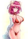  1girl bandaged_arm bandages bare_shoulders bikini breasts commentary_request cowboy_shot criss-cross_halter double_bun gradient gradient_background halterneck highres horns ibaraki_kasen large_breasts looking_at_viewer medium_hair navel oni_horns pink_eyes pink_hair red_bikini side-tie_bikini solo standing swimsuit thighs touhou white_background y2 yellow_background 