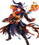  1boy 1girl alternate_costume animal_hat beard belt blue_eyes blue_hair boots candy carrying cat_hat cat_paws cat_tail closed_eyes facial_hair father_and_daughter fire_emblem fire_emblem:_the_blazing_blade fire_emblem_heroes food full_body gloves halloween halloween_costume hat hector_(fire_emblem) highres lilina_(fire_emblem) long_hair official_art open_mouth paws pumpkin staff tail teeth torn_clothes transparent_background wada_sachiko witch_hat 