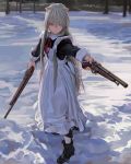  1girl animal_ears apron boots cat_ears dual_wielding fkey forest grey_hair gun hair_between_eyes highres holding holding_gun holding_weapon maid maid_apron musket nature original outdoors pantyhose purple_eyes snow solo weapon white_legwear 