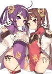  2girls asymmetrical_docking azur_lane black_legwear breast_press breasts brown_hair china_dress chinese_clothes cleavage cleavage_cutout cowboy_shot dress flat_chest from_side hair_rings hairband large_breasts long_hair multiple_girls ning_hai_(azur_lane) panties ping_hai_(azur_lane) purple_eyes purple_hair red_eyes side-tie_panties single_thighhigh sketch string_panties thighhighs tsliuyixin twintails underwear weibo_username 