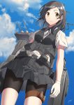  1girl bike_shorts black_hair blue_ribbon blue_sky cannon cloud cloudy_sky cowboy_shot day gloves green_eyes hair_ornament hairclip highres kantai_collection kuroshio_(kantai_collection) looking_at_viewer neck_ribbon pleated_skirt remodel_(kantai_collection) ribbon rigging sahuyaiya short_hair skirt sky solo thigh_strap turret vest white_gloves 