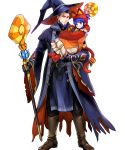  1boy 1girl alternate_costume animal_hat beard belt blue_eyes blue_hair boots candy carrying cat_hat cat_paws cat_tail facial_hair father_and_daughter fire_emblem fire_emblem:_the_blazing_blade fire_emblem_heroes food full_body gloves halloween halloween_costume hat hector_(fire_emblem) highres lilina_(fire_emblem) long_hair official_art paws pumpkin staff tail transparent_background wada_sachiko witch_hat 