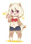  1girl :3 animal_ear_fluff animal_ears bangs bare_shoulders barefoot blonde_hair blue_shorts blush bow claws dog_ears dog_tail eyebrows_visible_through_hair fang flat_chest full_body furry groin hand_up happy heart highres looking_at_viewer navel no_humans open_fly open_mouth original pawpads paws purple_eyes red_bow red_ribbon ribbon shiny shiny_hair short_hair short_shorts shorts simple_background smile solo standing tail unbuttoned waving white_background yuuki_(yuyuki000) 