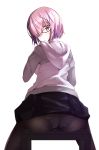  1girl ass back black-framed_eyewear black_dress black_legwear dress fate/grand_order fate_(series) from_behind glasses grey_jacket hair_over_one_eye highres hood hooded_jacket jacket long_sleeves looking_back mash_kyrielight panties panties_under_pantyhose pantyhose purple_eyes purple_hair rikudou_inuhiko short_hair simple_background solo underwear white_background white_panties 