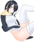  1girl absurdres black_hair breasts brown_eyes drawstring emperor_penguin_(kemono_friends) feet_out_of_frame hair_over_one_eye hand_on_own_face hand_on_own_stomach head_tilt headphones highleg highleg_leotard highres hood hood_down hooded_jacket jacket kemono_friends kona_ming large_breasts leaning_back leotard looking_at_viewer open_clothes open_jacket penguin_tail short_hair simple_background sitting smile solo tail thighhighs white_background white_legwear white_leotard 